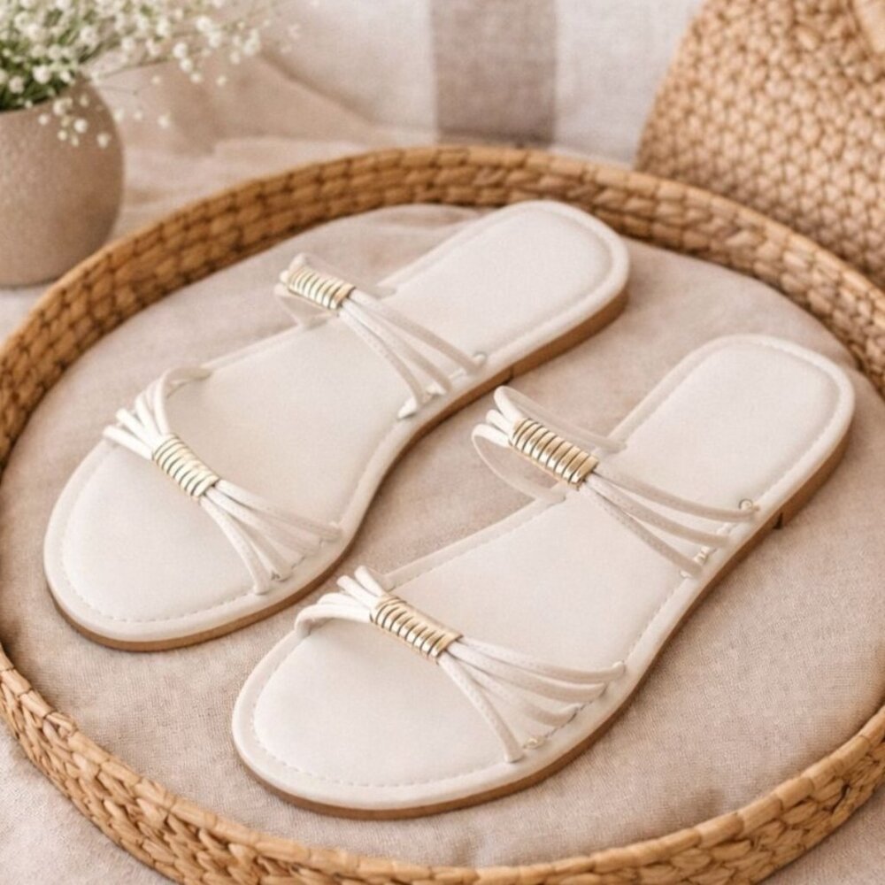 Universal Thread White Sandals Sz 9 Minimalist Aura Two Band Slide Faux Leather